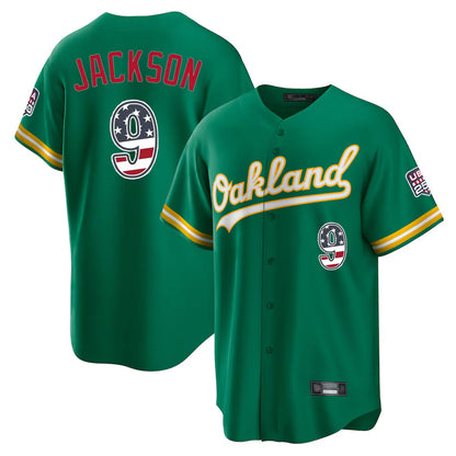 Oakland Athletics #9 Reggie Jackson Player Kelly Green USA 250 Fourth of July Home Game Stitched Baseball Jersey - Main View