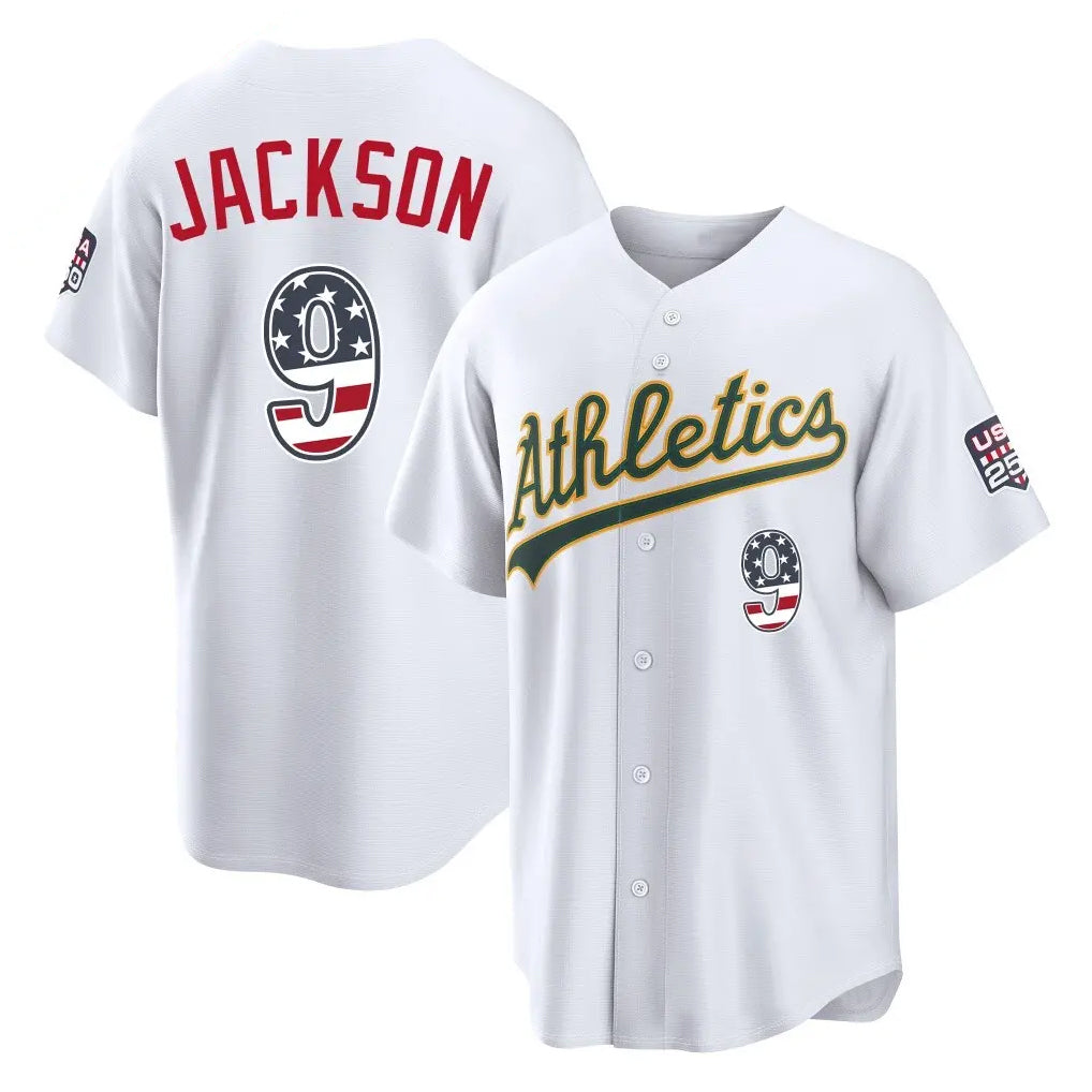 Oakland Athletics #9 Reggie Jackson Player White USA 250 Fourth of July Home Game Stitched Baseball Jersey - Main View
