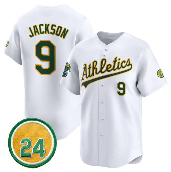 Oakland Athletics #9 Reggie Jackson White 2024 Home Limited With Rickey Henderson Patch Stitched Baseball Jersey - Main View