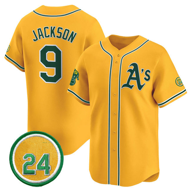 Oakland Athletics #9 Reggie Jackson Yellow 2024 Limited With Rickey Henderson Patch Stitched Baseball Jersey - Main View