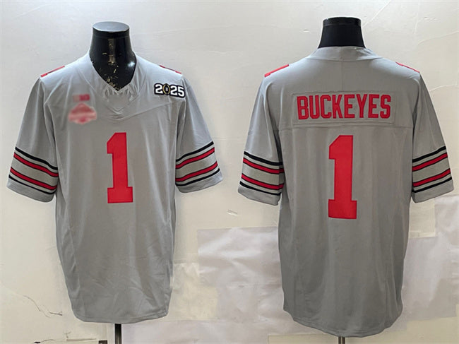 O.State Buckeyes #1 Buckeyes Grey 2025 CFP Final With National Champions Patch F.U.S.E. Vapor Limited Stitched Football American College Jerseys - Main View