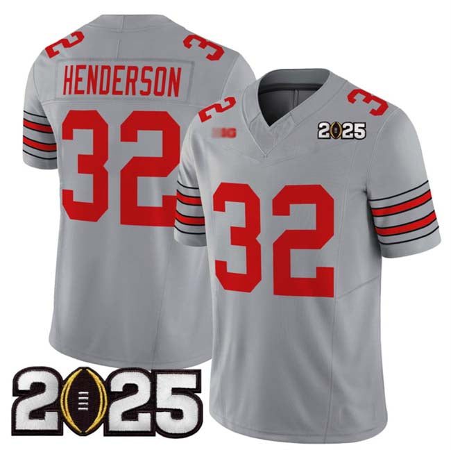 O.State Buckeyes #32 TreVeyon Henderson Grey 2025 CFP Final Patch F.U.S.E. Vapor Limited Stitched Football American College Jerseys - Main View