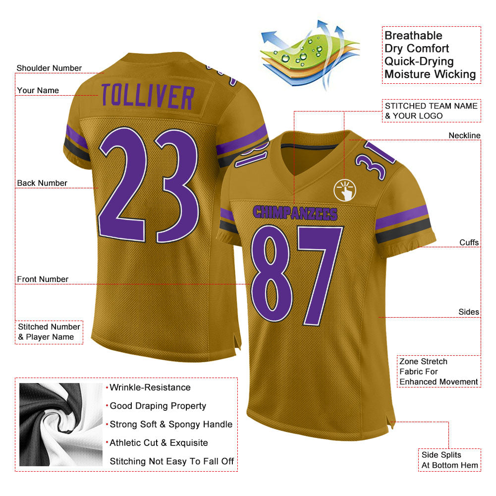 Custom Old Gold Purple-Black Mesh Authentic Football Jersey view 2