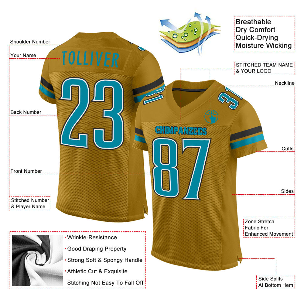 Custom Old Gold Teal-Black Mesh Authentic Football Jersey view 2