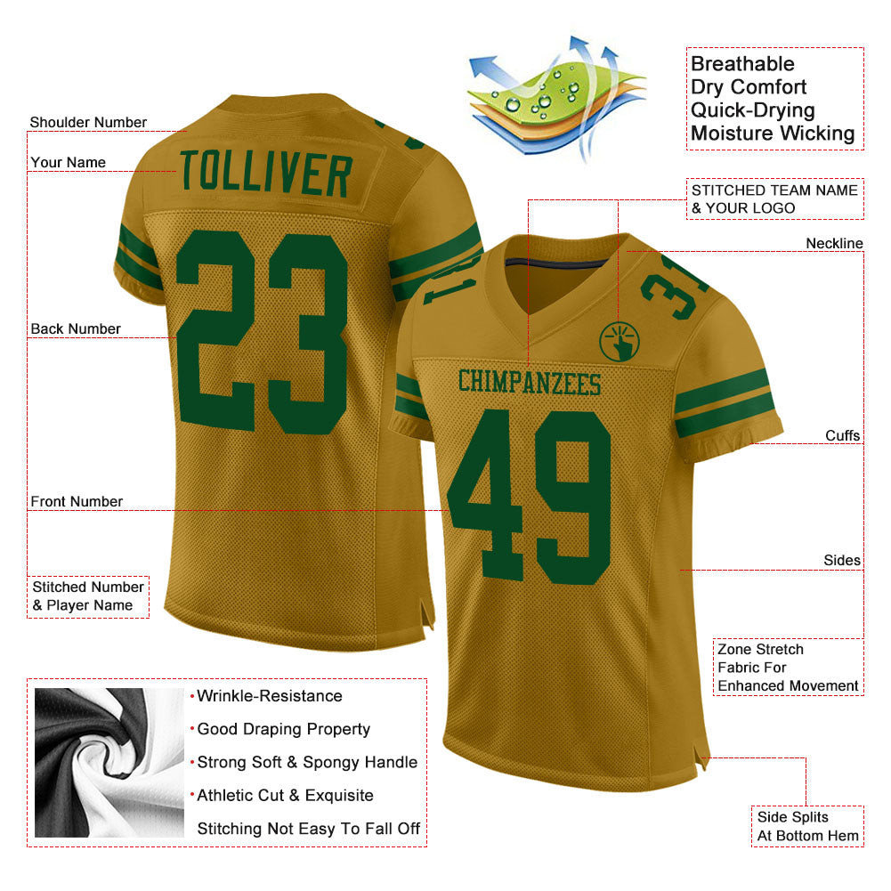 Custom Old Gold Green Mesh Authentic Football Jersey view 2