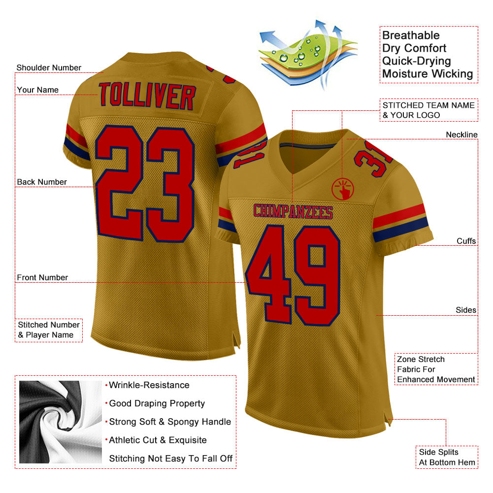 Custom Old Gold Red-Navy Mesh Authentic Football Jersey view 2
