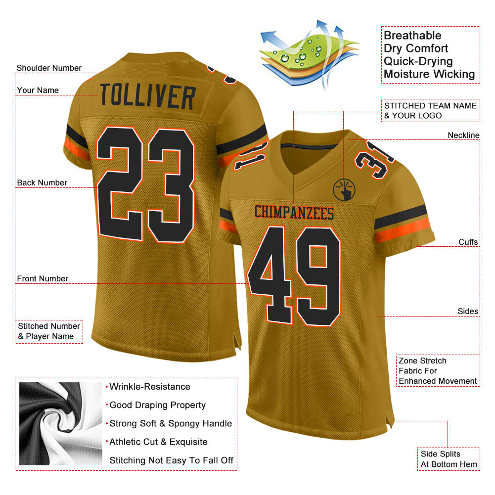 Custom Old Gold Black-Orange Mesh Authentic Football Jersey view 2