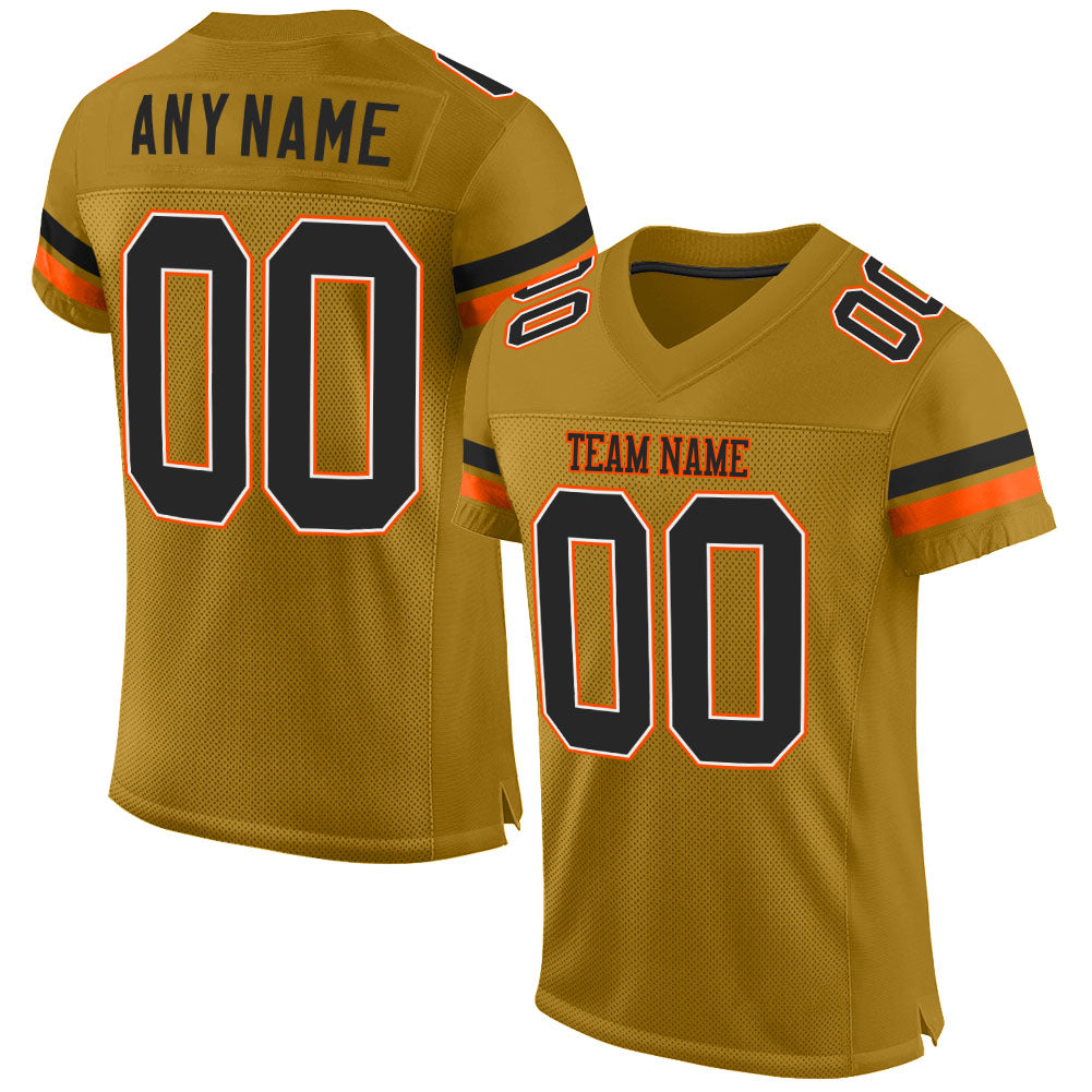 Custom Old Gold Black-Orange Mesh Authentic Football Jersey - Main View