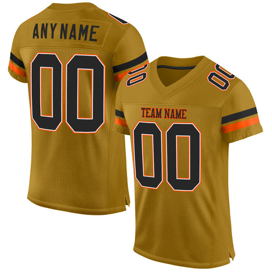 Custom Old Gold Black-Orange Mesh Authentic Football Jersey - Main View
