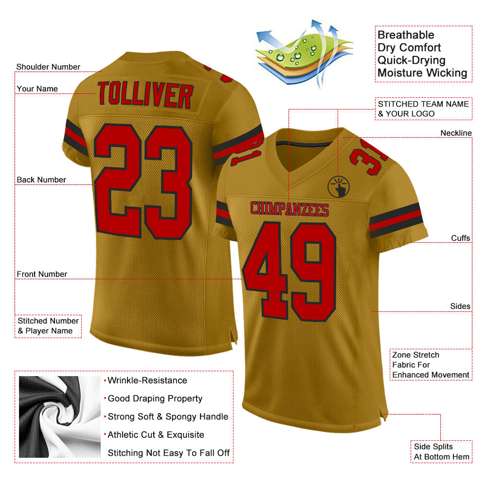 Custom Old Gold Red-Black Mesh Authentic Football Jersey view 2