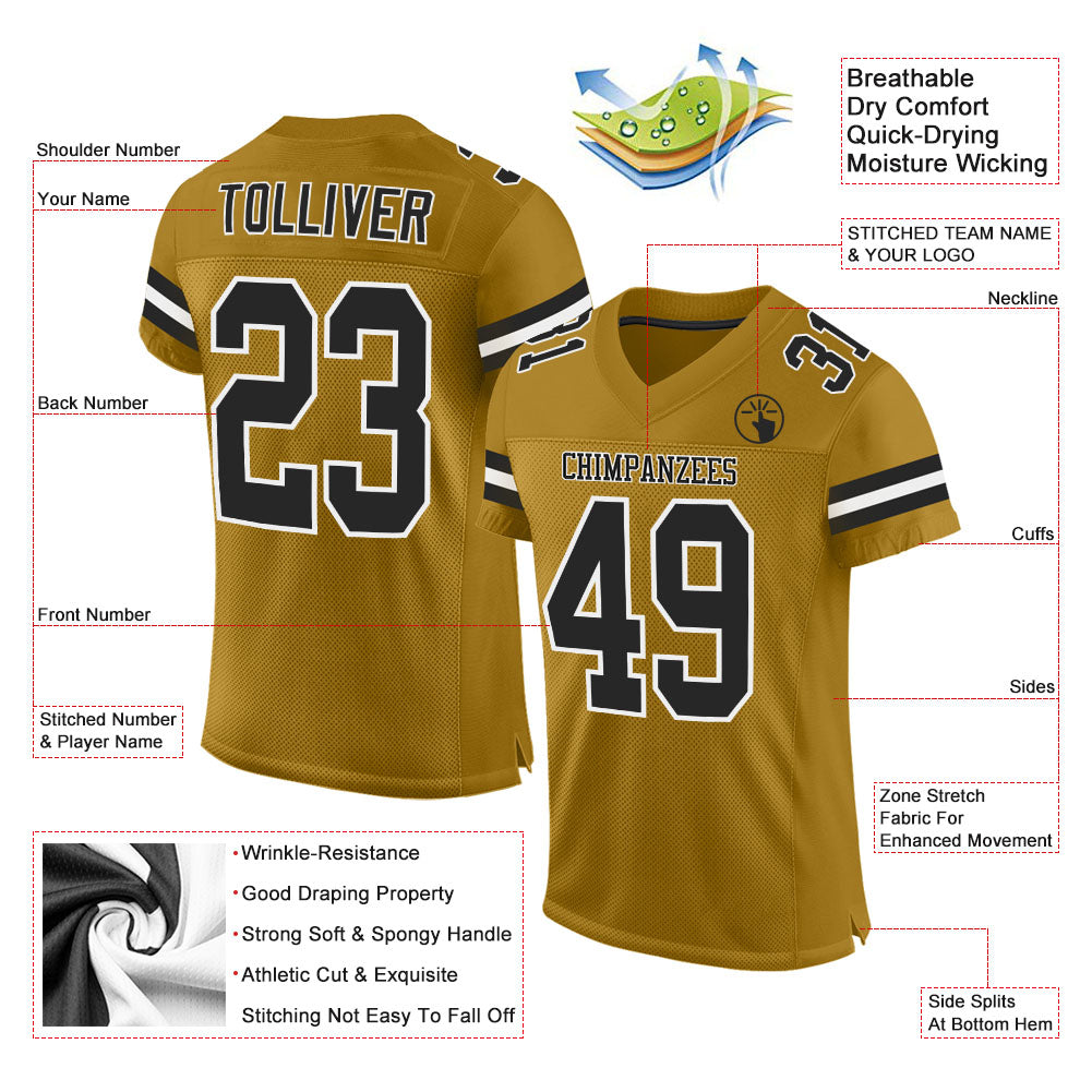 Custom Old Gold Black-White Mesh Authentic Football Jersey view 2