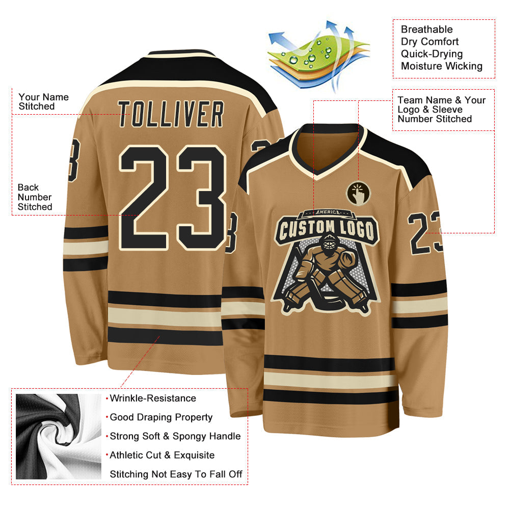 Custom Old Gold Black-Cream Hockey Jersey view 3