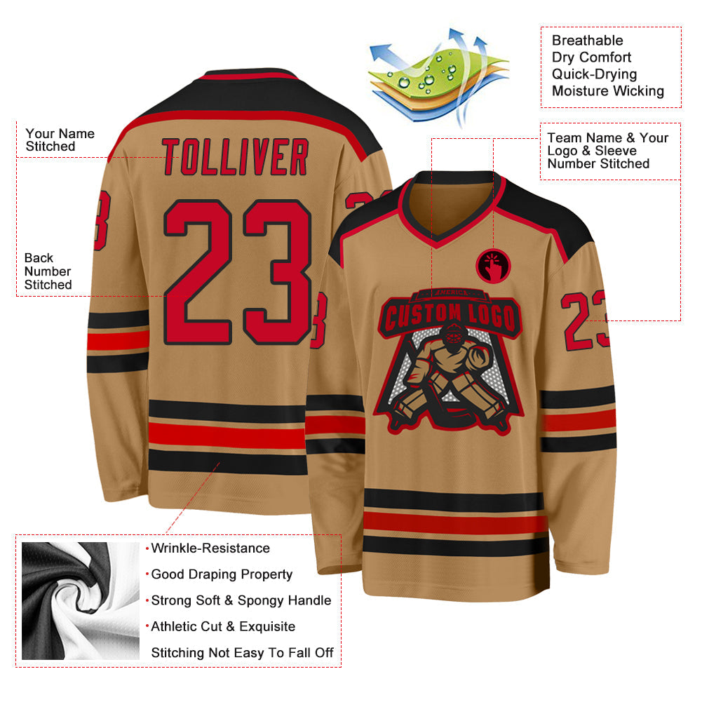 Custom Old Gold Red-Black Hockey Jersey view 3