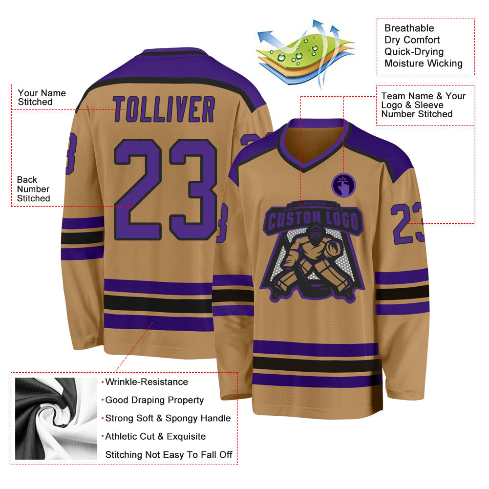 Custom Old Gold Purple-Black Hockey Jersey view 3
