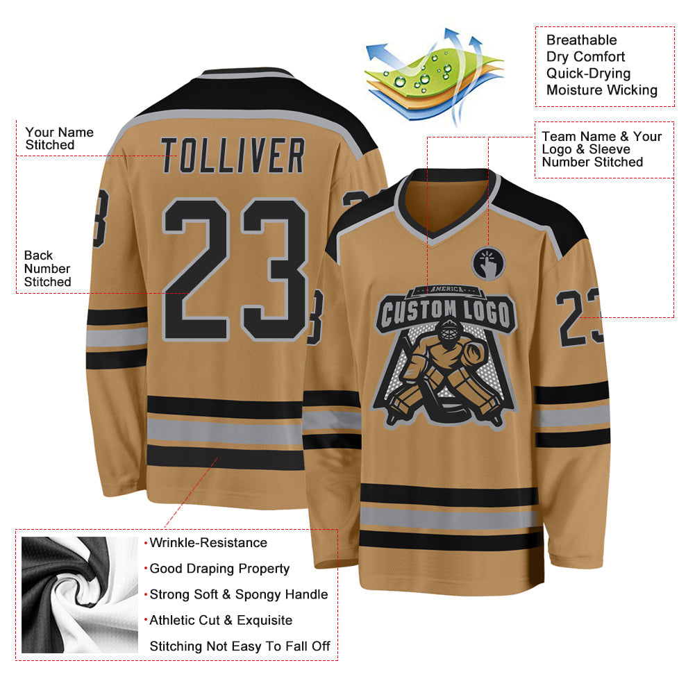Custom Old Gold Black-Gray Hockey Jersey view 3