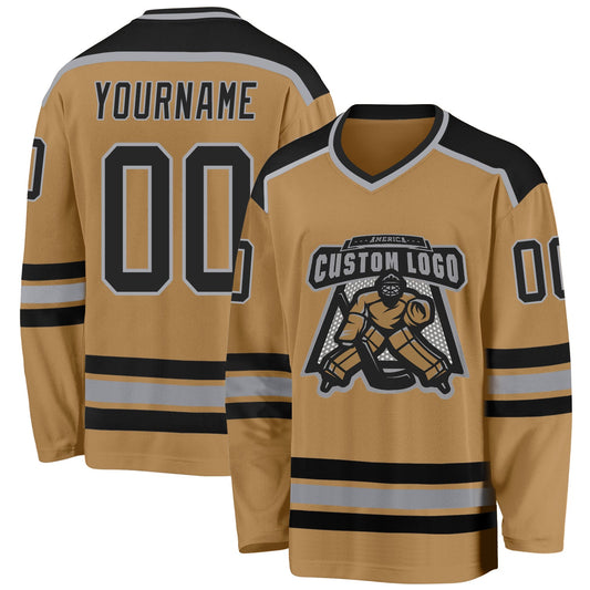 Custom Old Gold Black-Gray Hockey Jersey - Main View