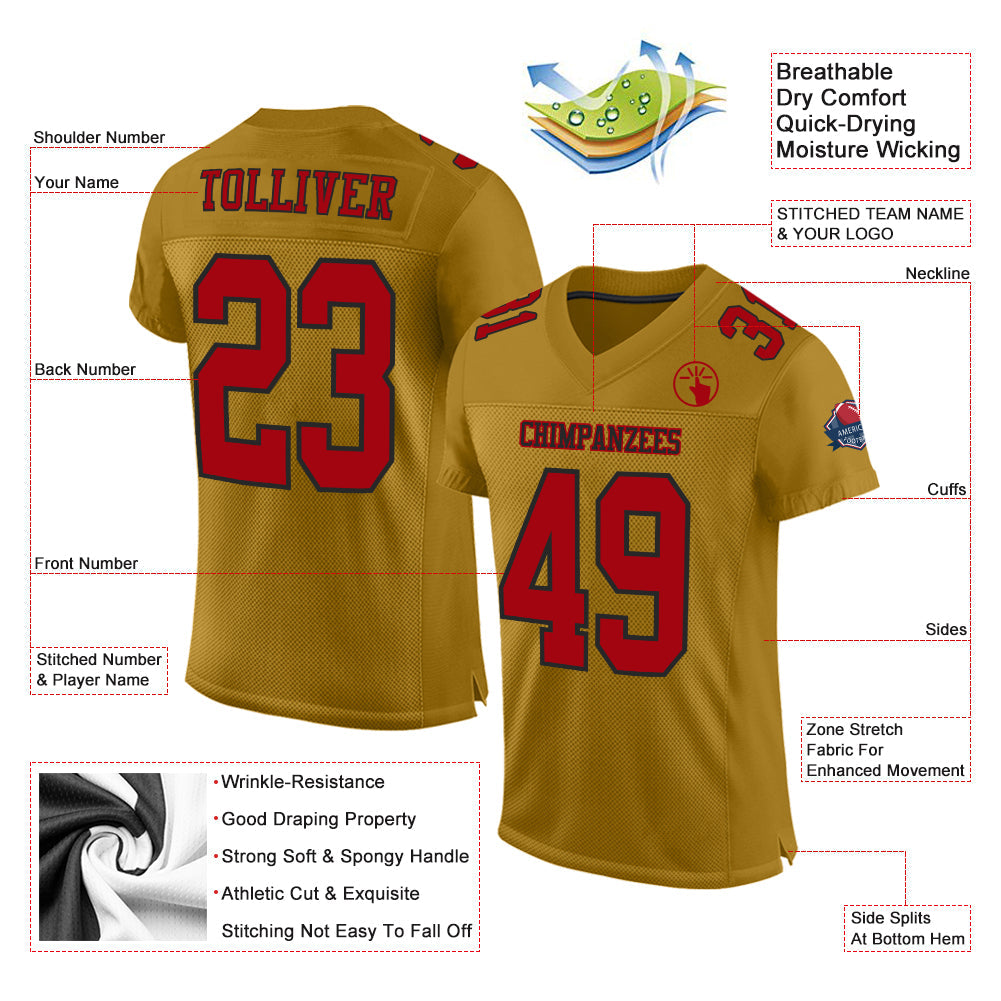 Custom Old Gold Red-Black Mesh Authentic Football Jersey view 2