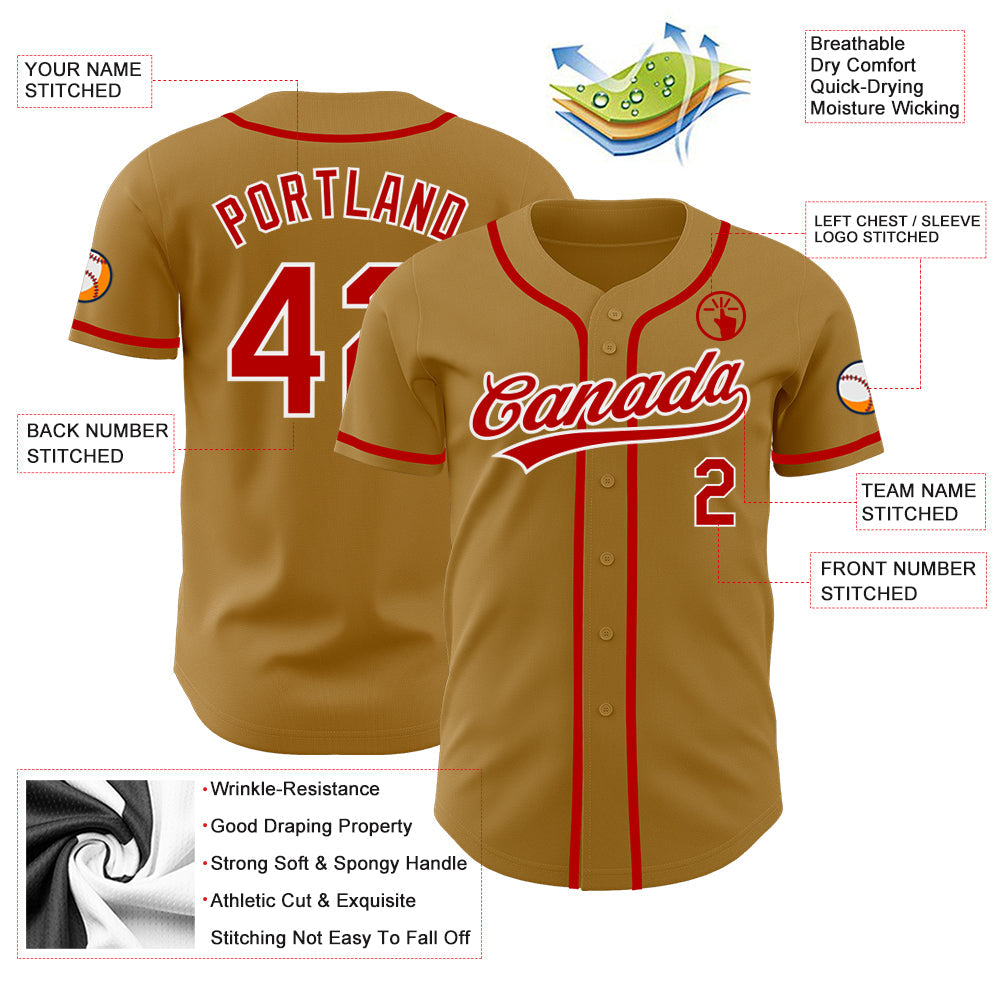 Custom Old Gold Red-White Authentic Baseball Jersey view 3