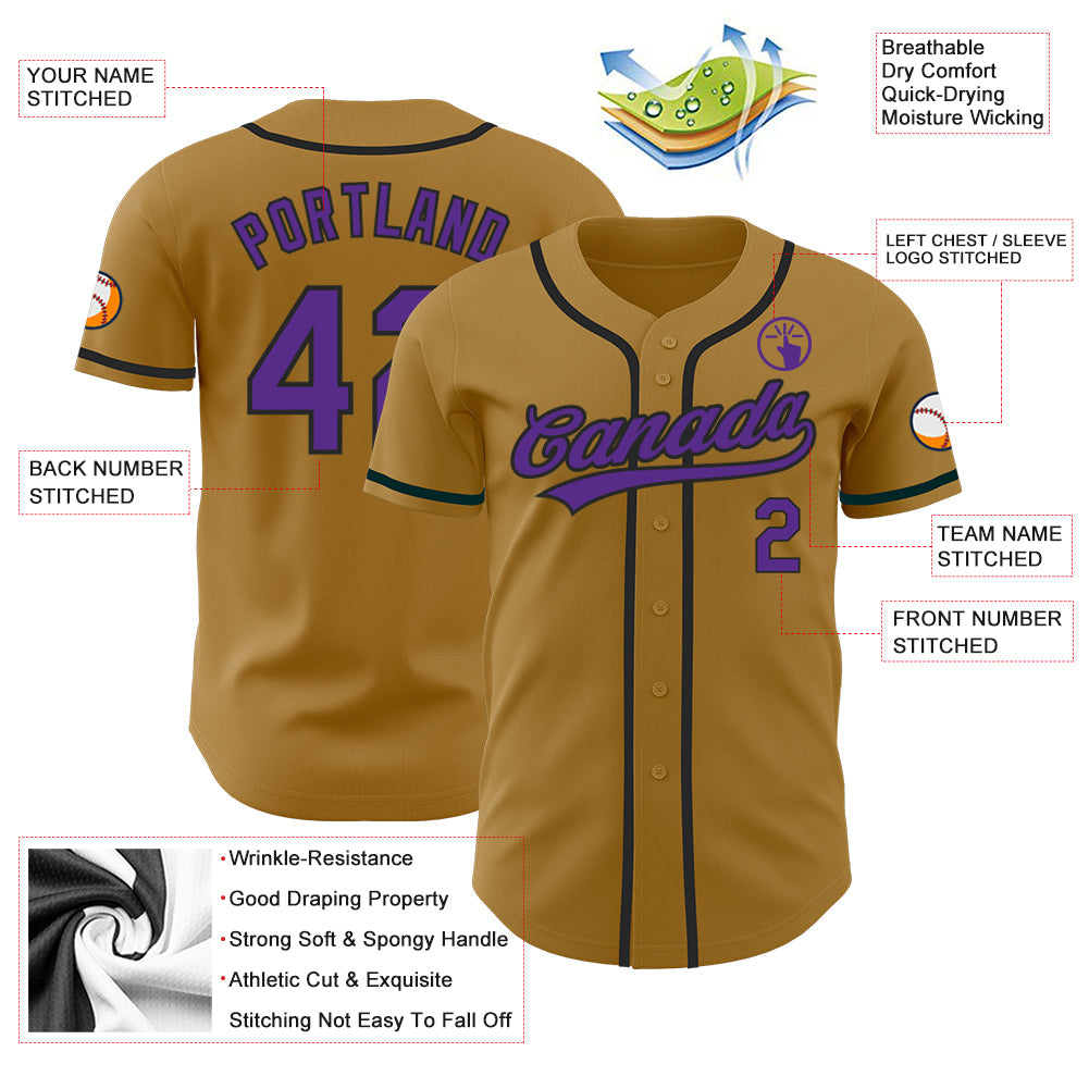 Custom Old Gold Purple-Black Authentic Baseball Jersey view 3