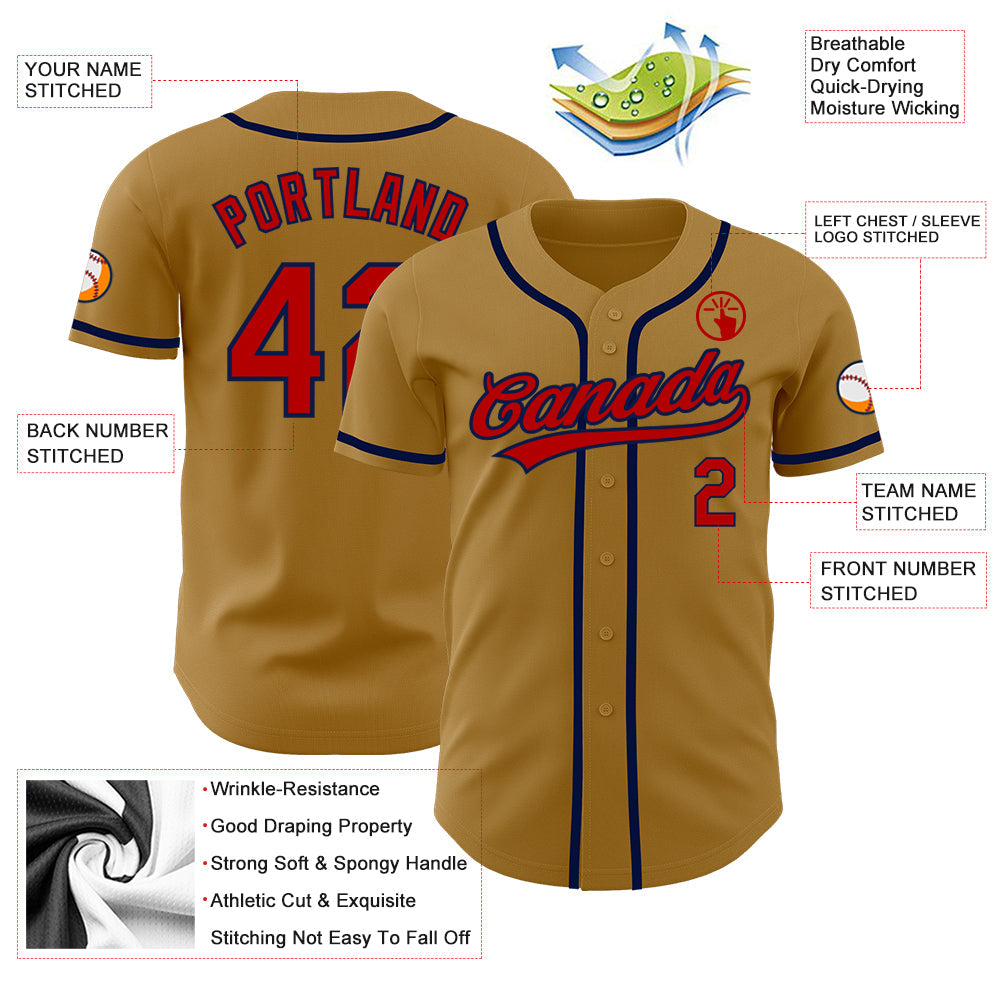Custom Old Gold Red-Navy Authentic Baseball Jersey view 3