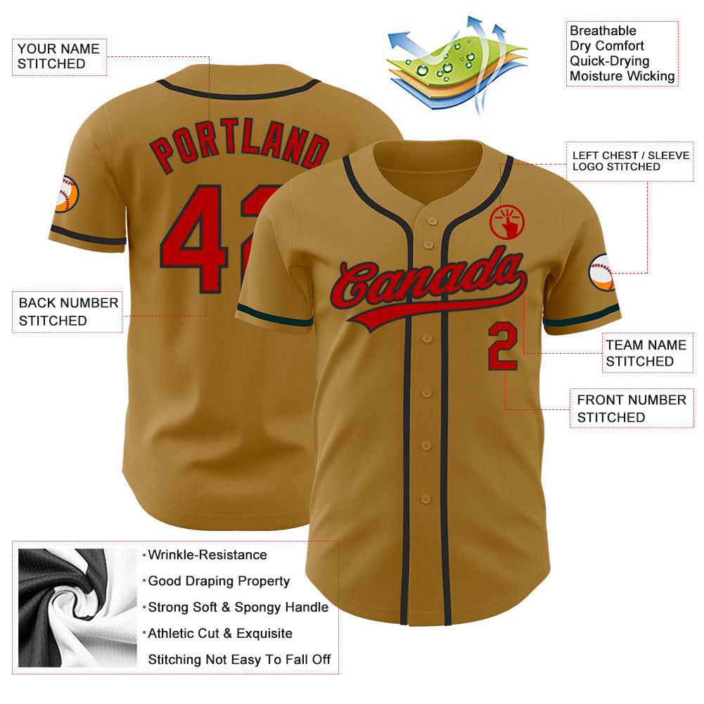Custom Old Gold Red-Black Authentic Baseball Jersey view 3