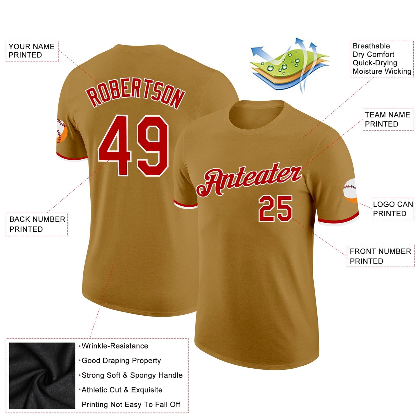 Custom Old Gold Red-White Performance T-Shirt view 2