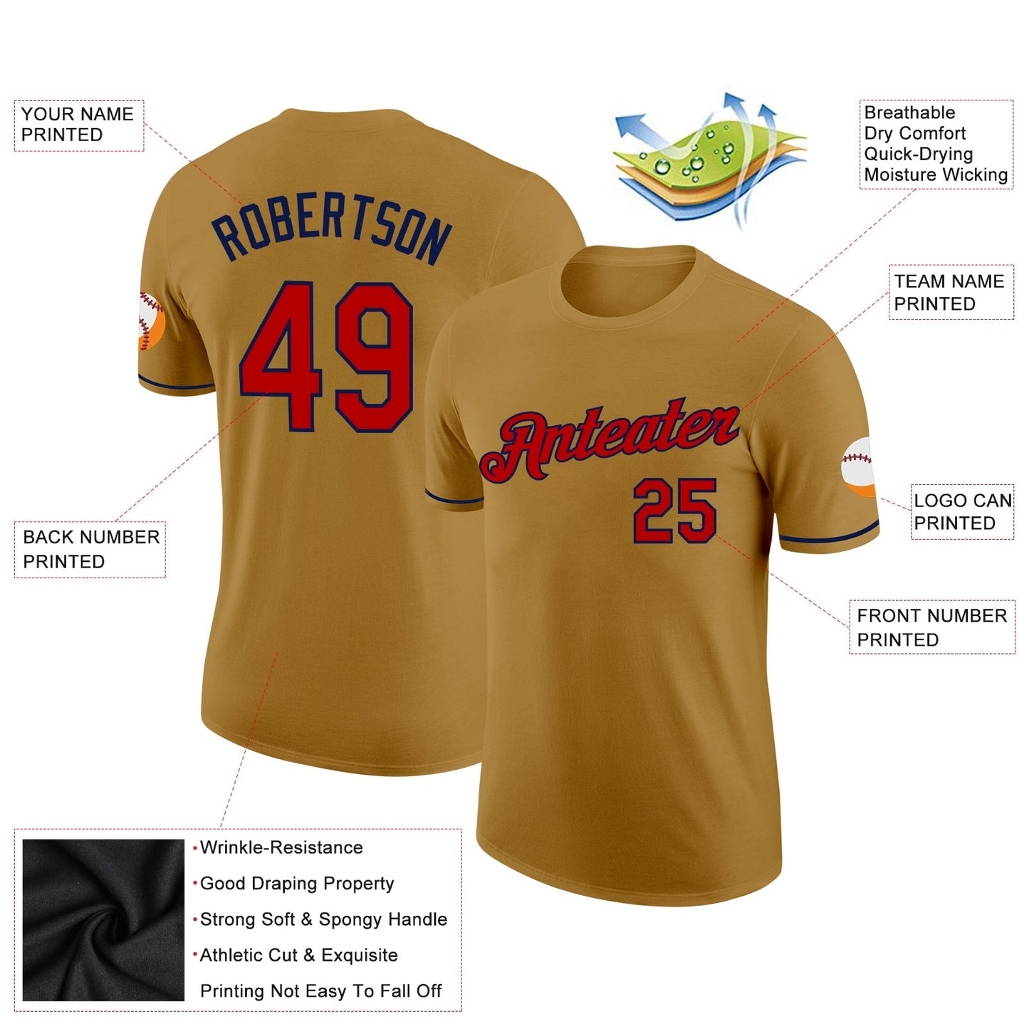 Custom Old Gold Red-Navy Performance T-Shirt view 2