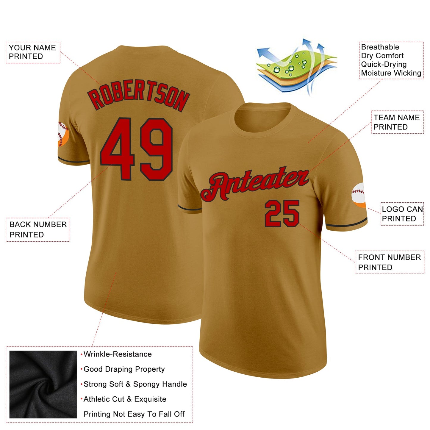 Custom Old Gold Red-Black Performance T-Shirt view 2