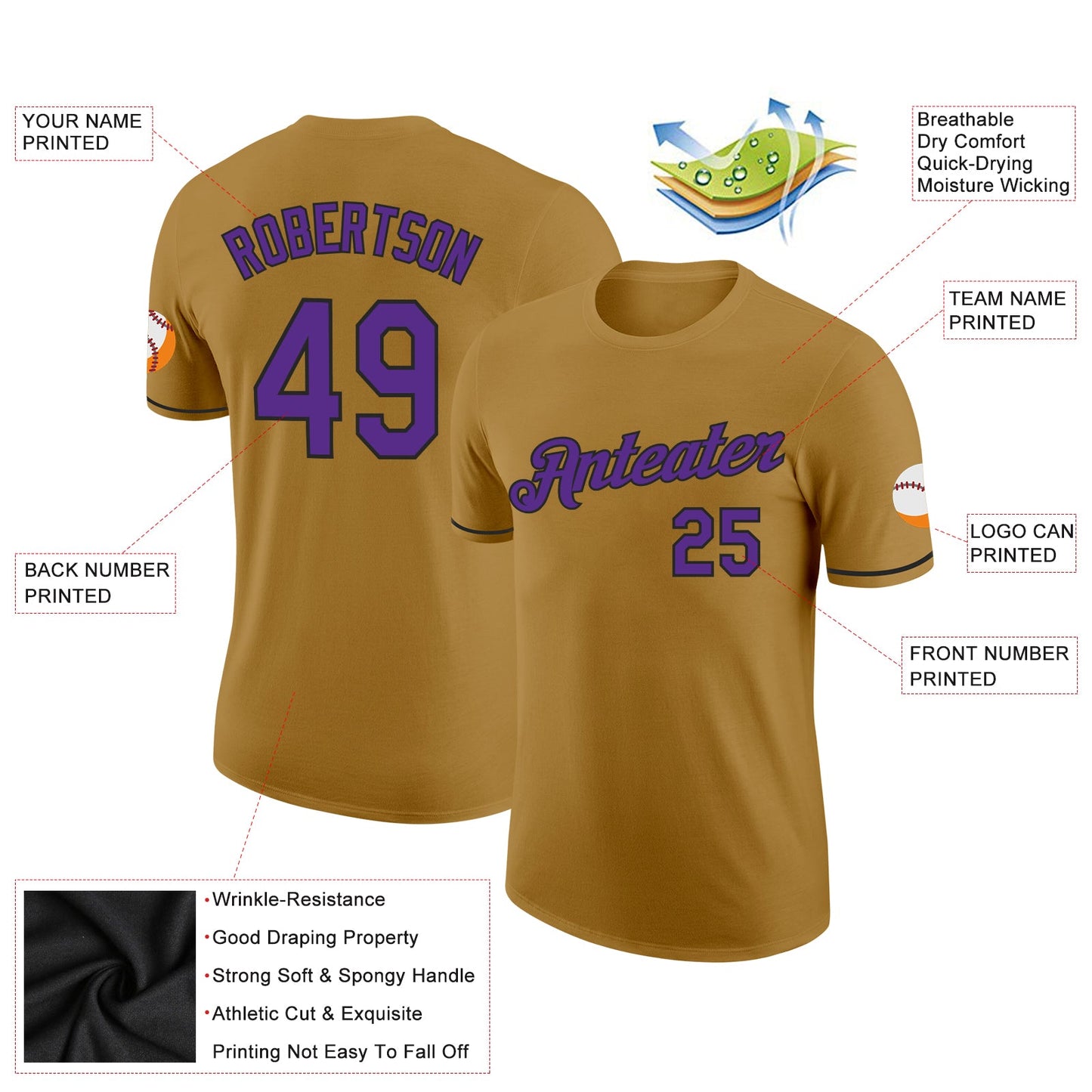 Custom Old Gold Purple-Black Performance T-Shirt view 2