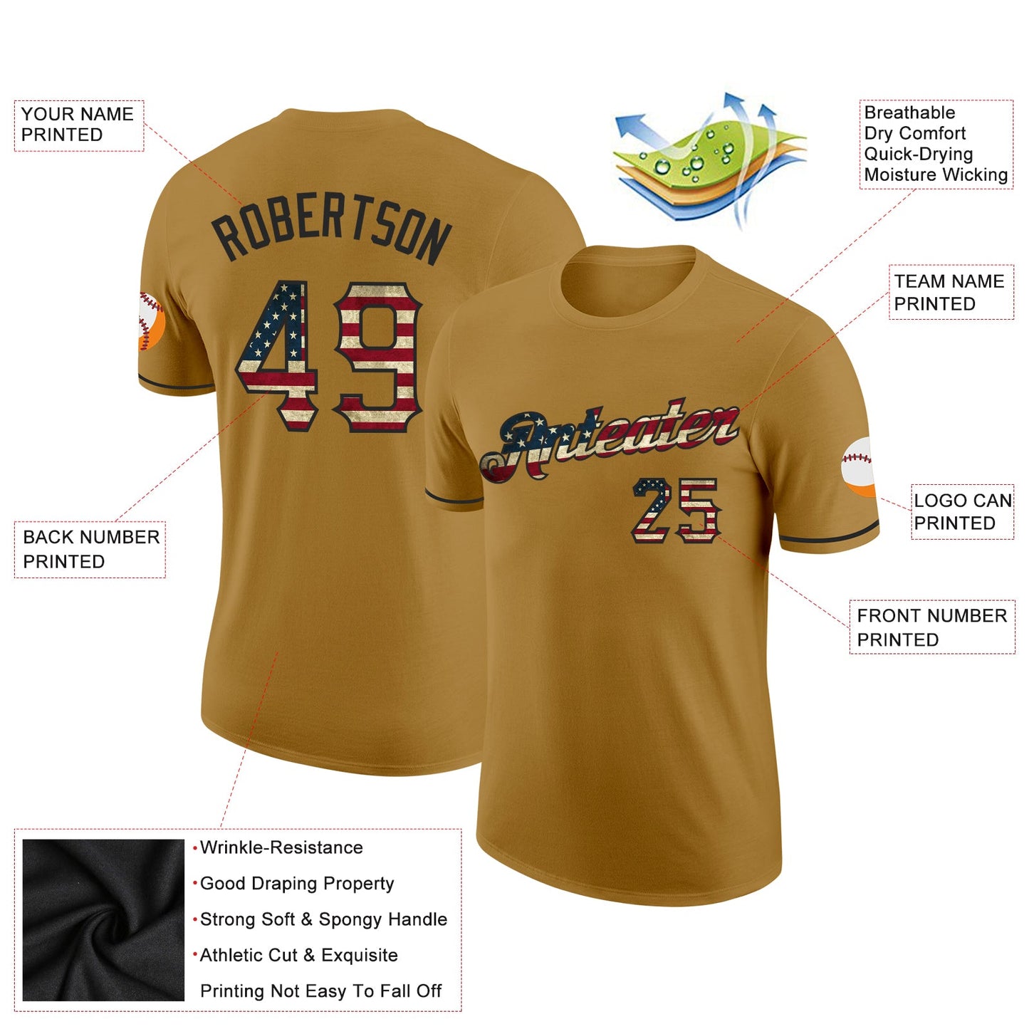 Custom Old Gold Vintage USA Flag-Black Performance T-Shirt view 2