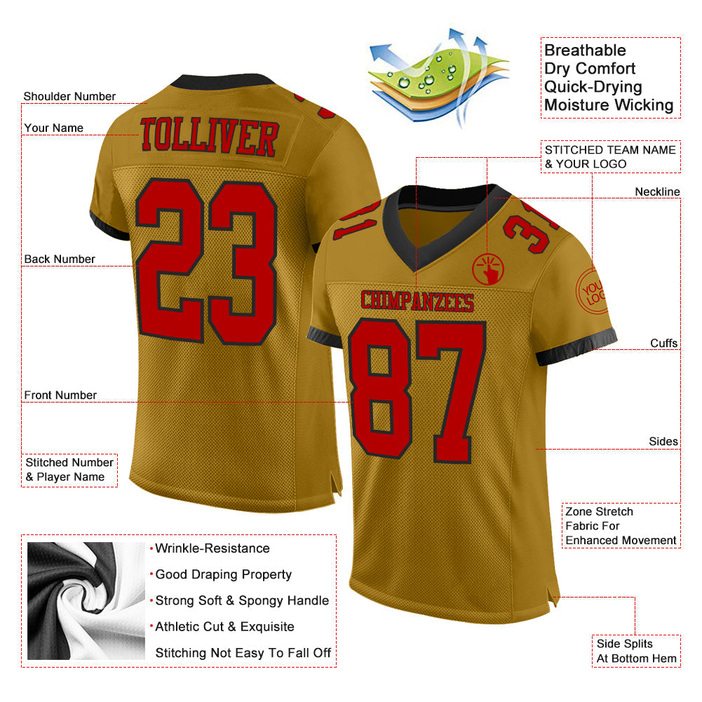 Custom Old Gold Red-Black Mesh Authentic Football Jersey view 2
