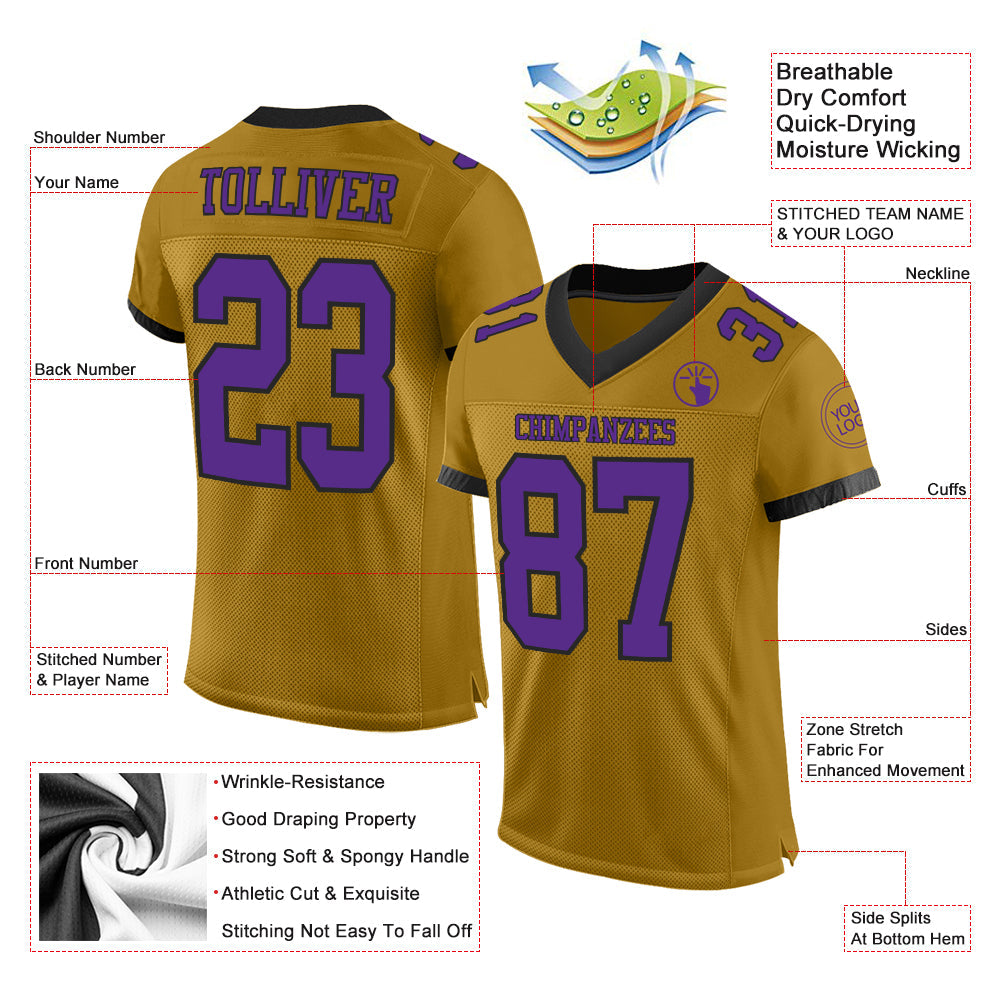 Custom Old Gold Purple-Black Mesh Authentic Football Jersey view 2