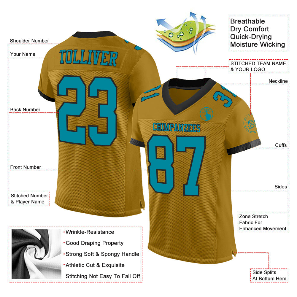 Custom Old Gold Teal-Black Mesh Authentic Football Jersey view 2