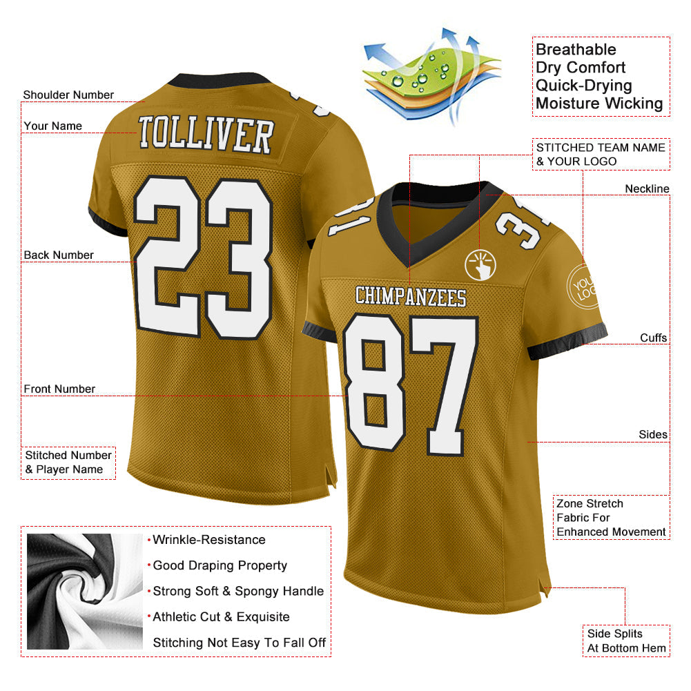 Custom Old Gold White-Black Mesh Authentic Football Jersey view 2