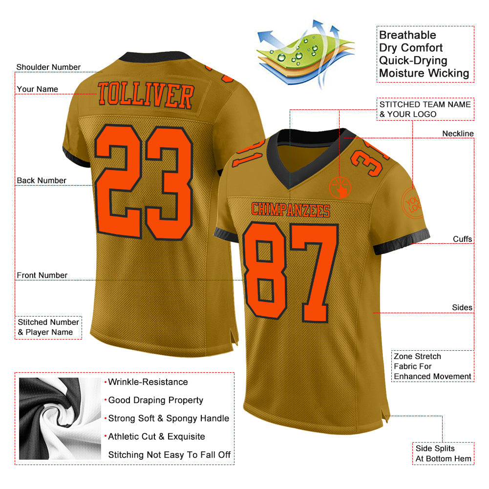 Custom Old Gold Orange-Black Mesh Authentic Football Jersey view 2