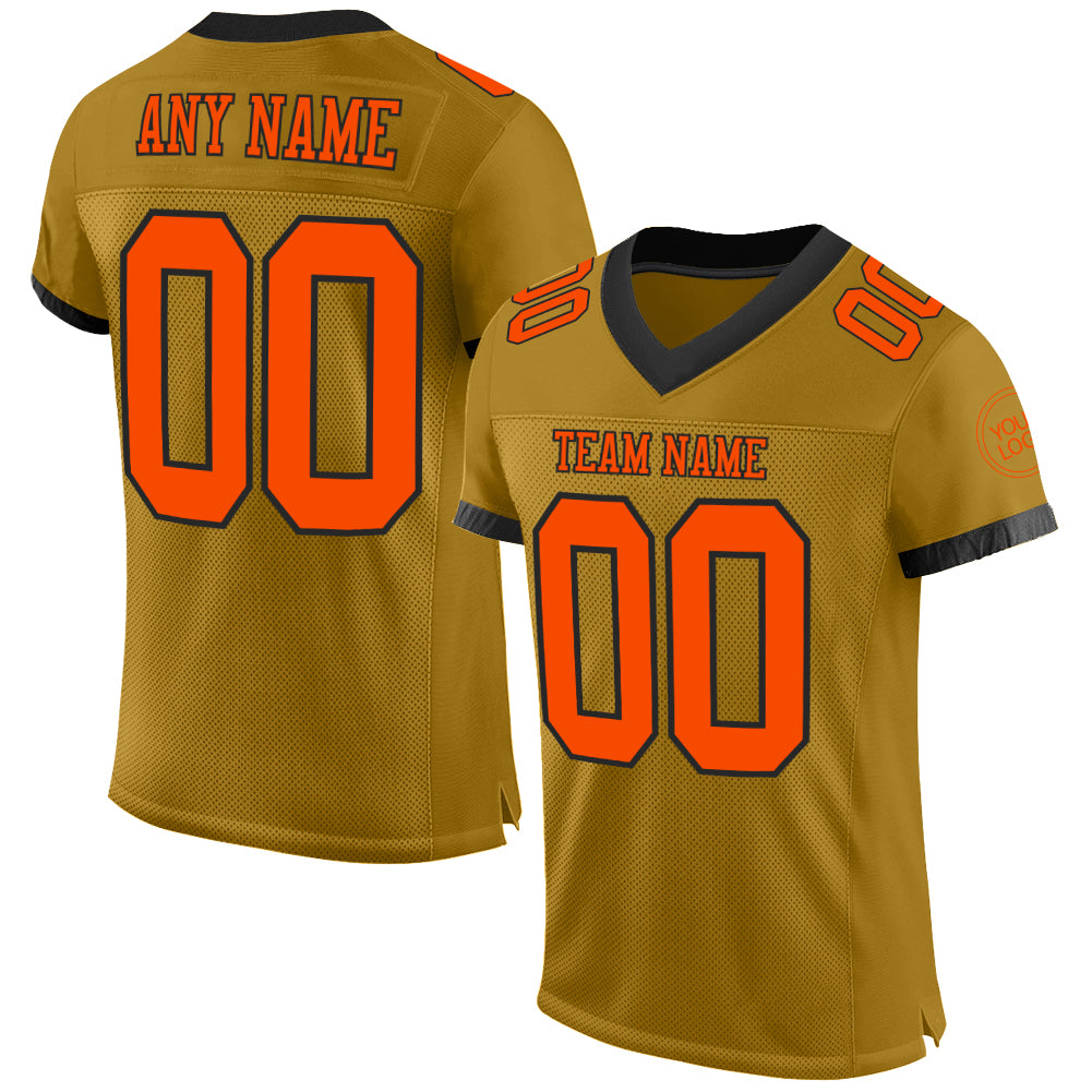 Custom Old Gold Orange-Black Mesh Authentic Football Jersey - Main View