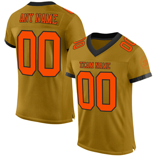 Custom Old Gold Orange-Black Mesh Authentic Football Jersey - Main View