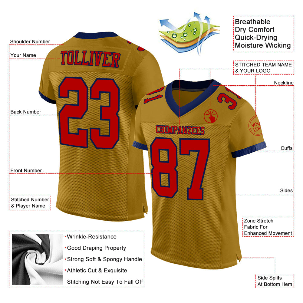 Custom Old Gold Red-Navy Mesh Authentic Football Jersey view 2