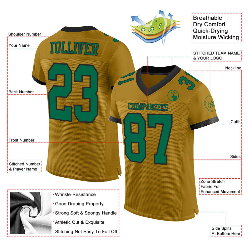 Custom Old Gold Kelly Green-Black Mesh Authentic Football Jersey view 2