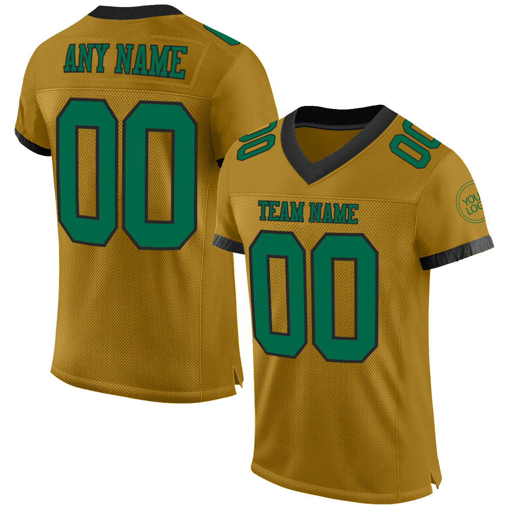 Custom Old Gold Kelly Green-Black Mesh Authentic Football Jersey - Main View