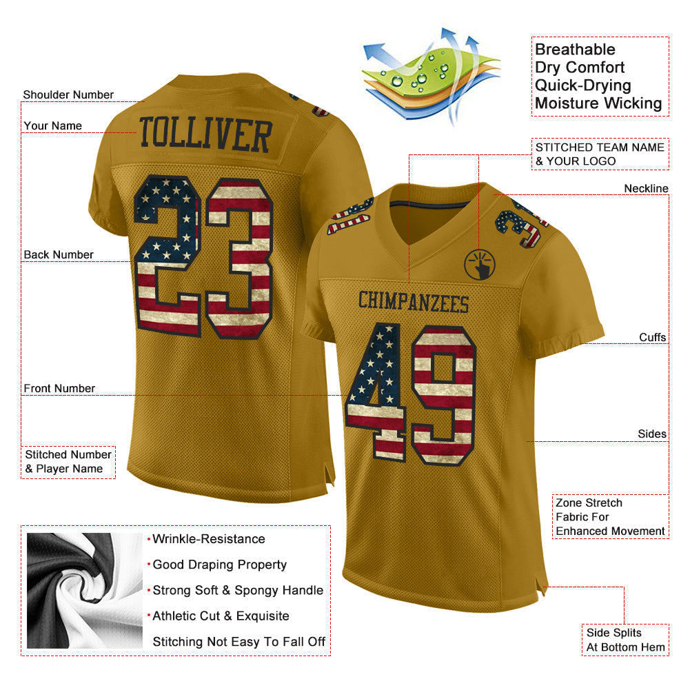 Custom Old Gold Vintage USA Flag-Black Mesh Authentic Football Jersey view 2