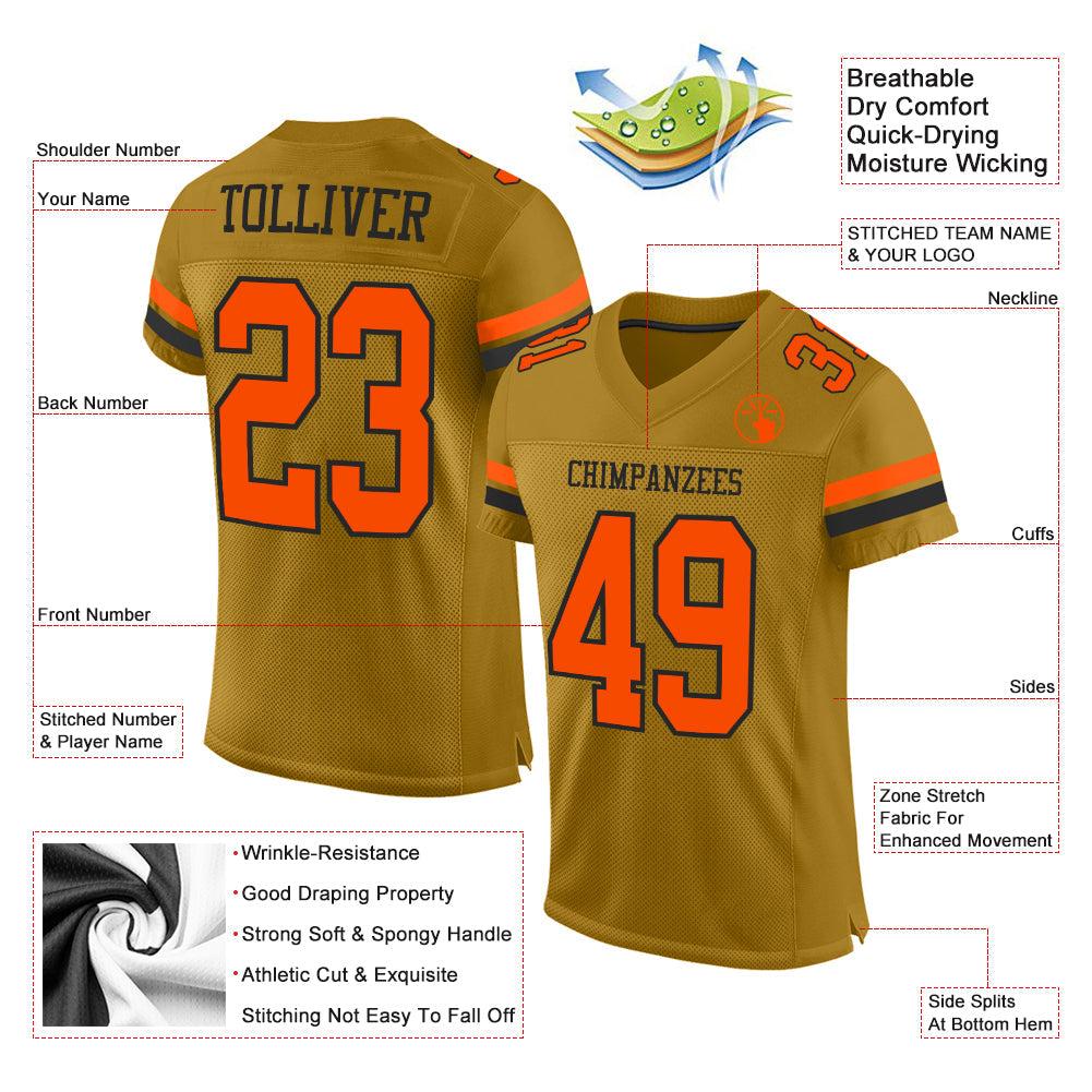 Custom Old Gold Orange-Black Mesh Authentic Football Jersey view 2
