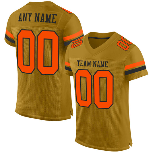 Custom Old Gold Orange-Black Mesh Authentic Football Jersey - Main View