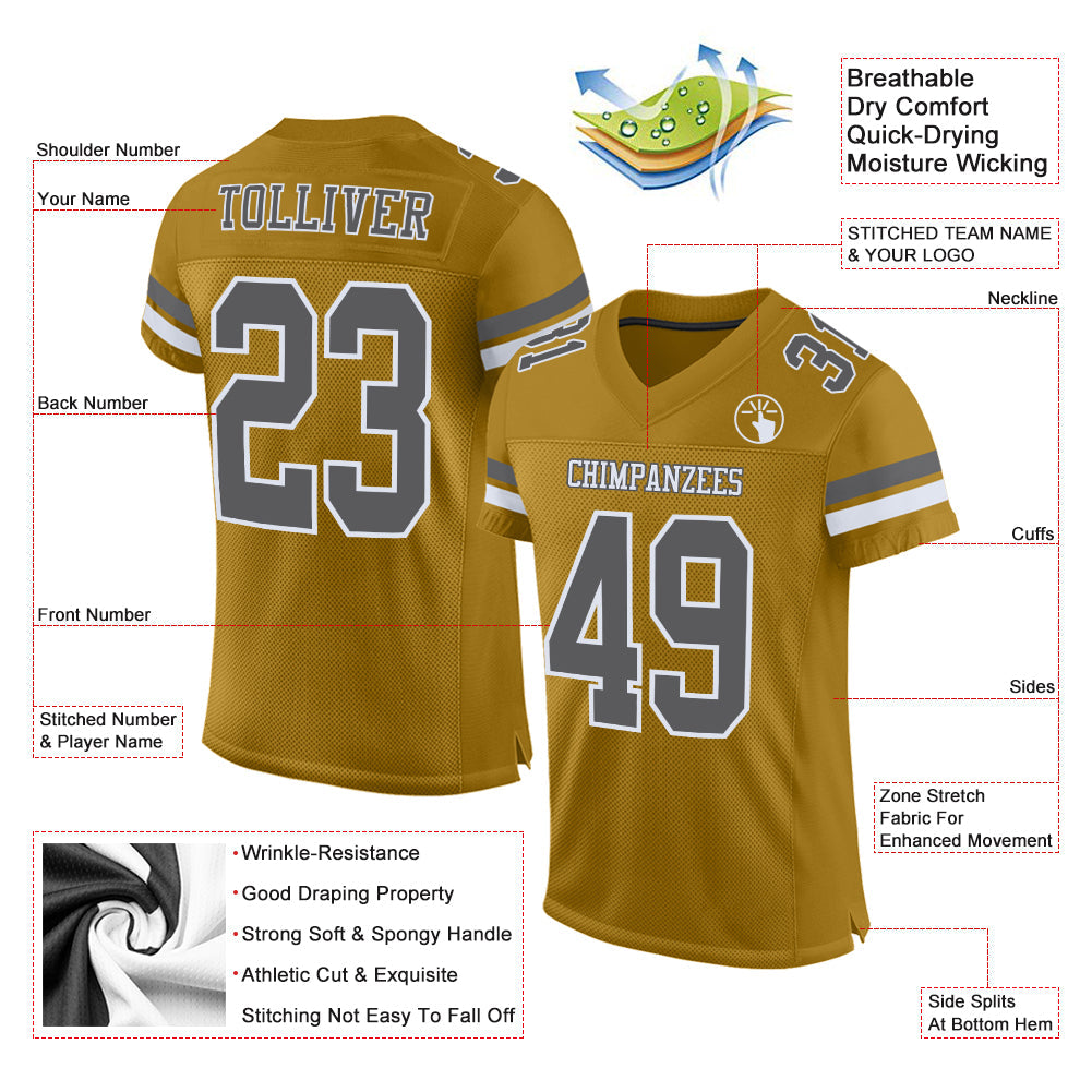 Custom Old Gold Steel Gray-White Mesh Authentic Football Jersey view 2