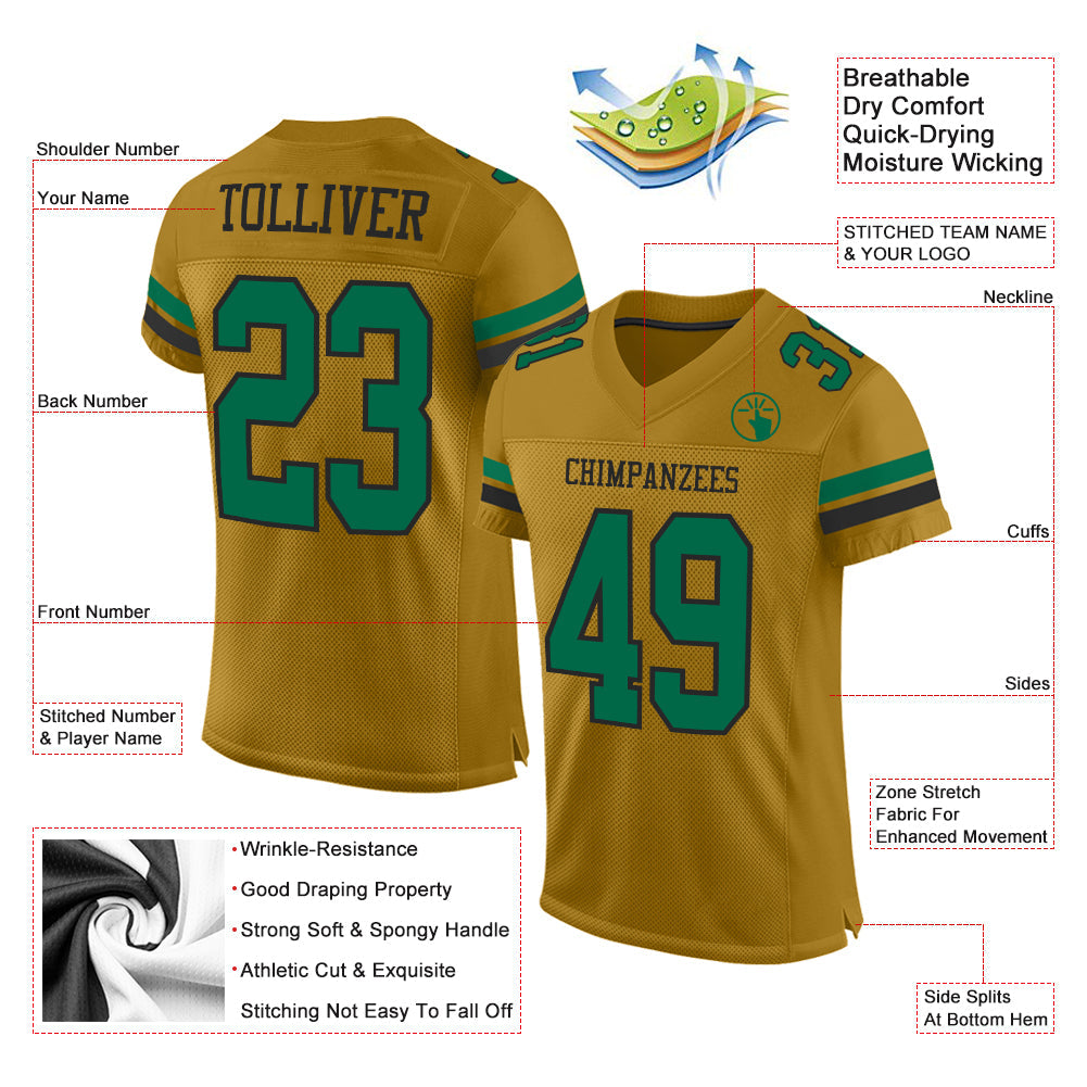 Custom Old Gold Kelly Green-Black Mesh Authentic Football Jersey view 2