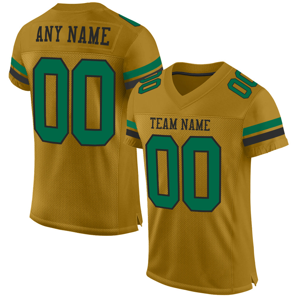 Custom Old Gold Kelly Green-Black Mesh Authentic Football Jersey - Main View