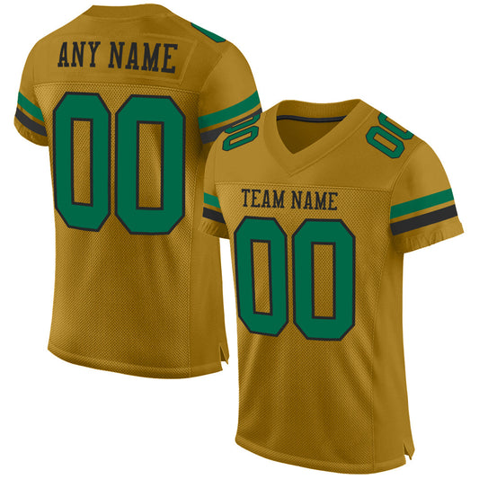 Custom Old Gold Kelly Green-Black Mesh Authentic Football Jersey - Main View