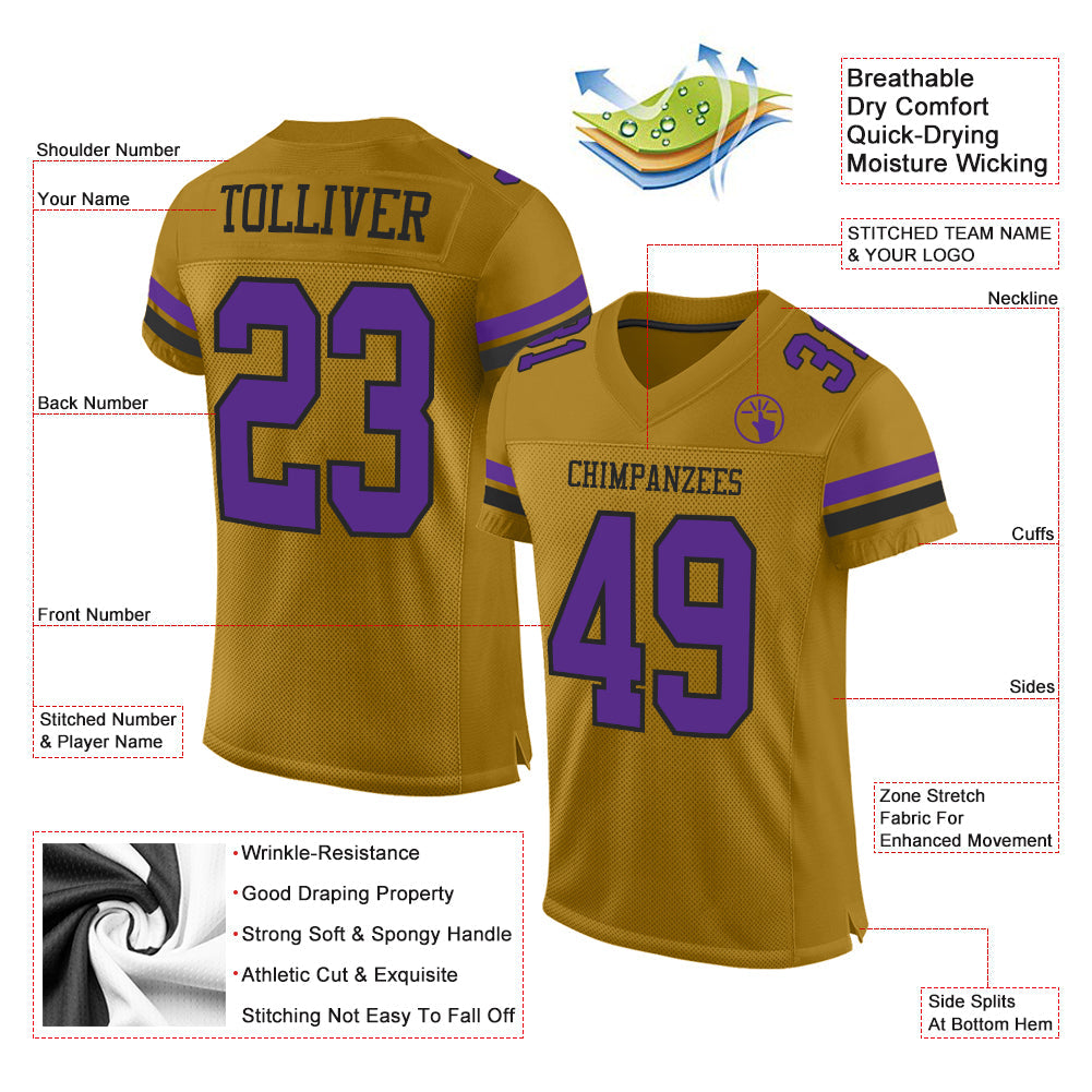 Custom Old Gold Purple-Black Mesh Authentic Football Jersey view 2