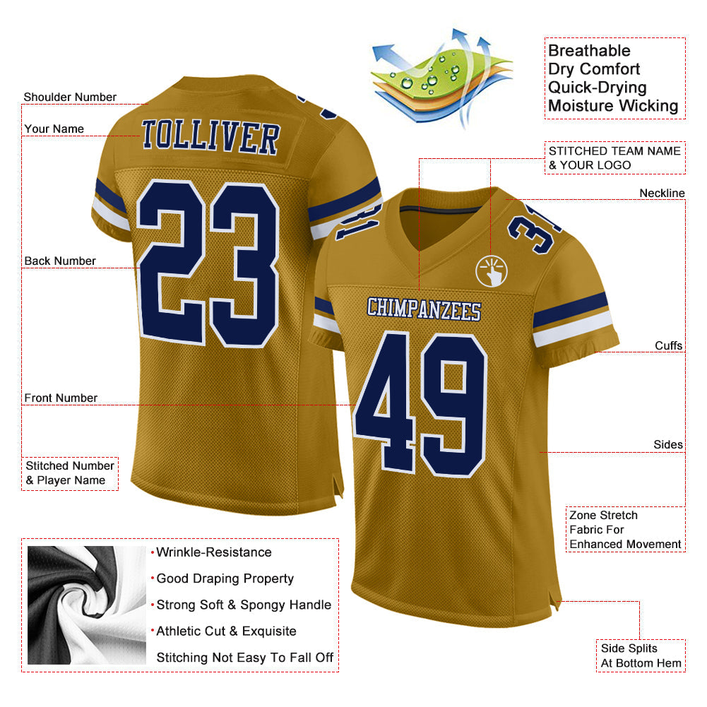 Custom Old Gold Navy-White Mesh Authentic Football Jersey view 2