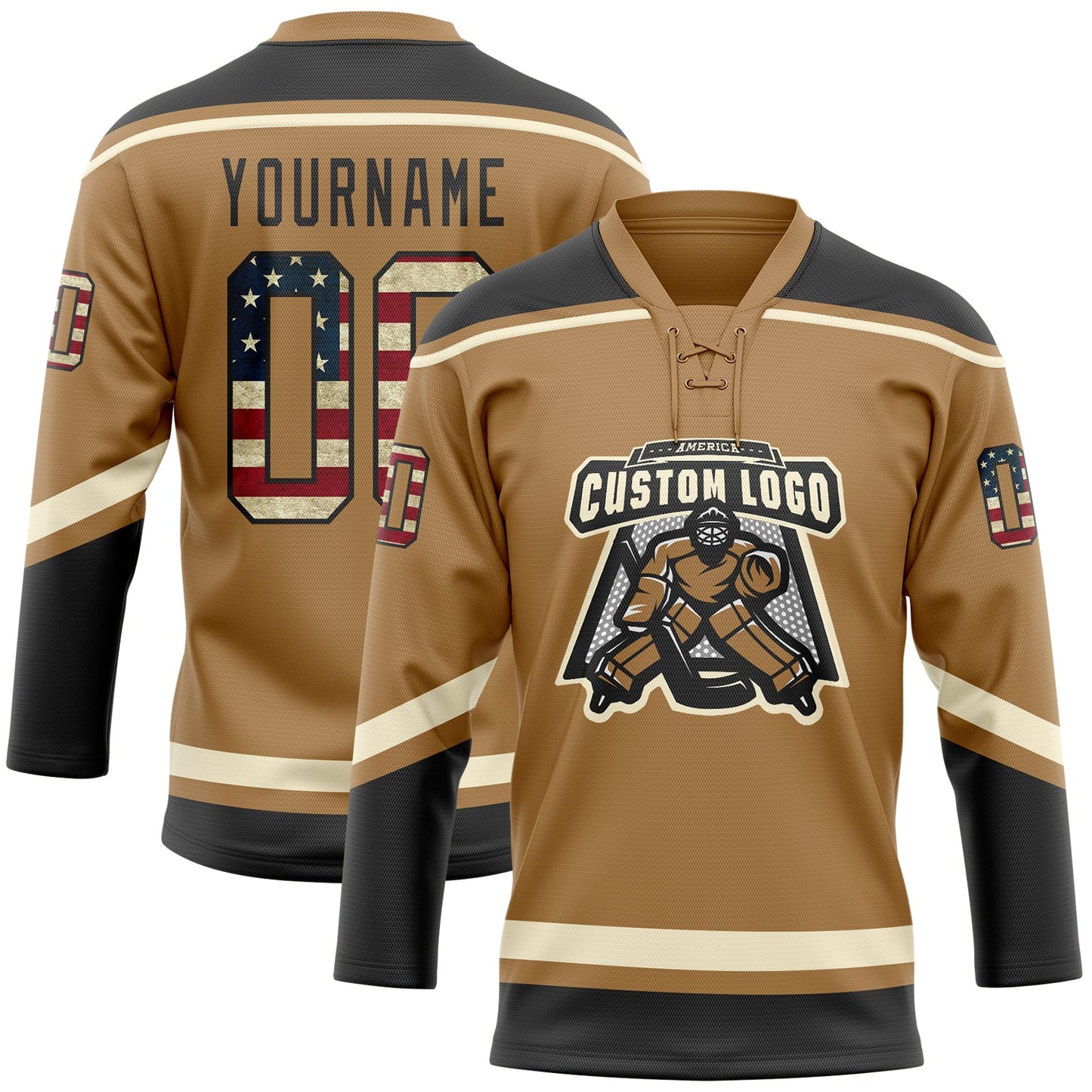 Custom Old Gold Vintage USA Flag Black-Cream Hockey Lace Neck Jersey view 2